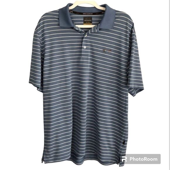 Greg Norman Blue striped Golf Shirt Mens Large - Picture 1 of 14